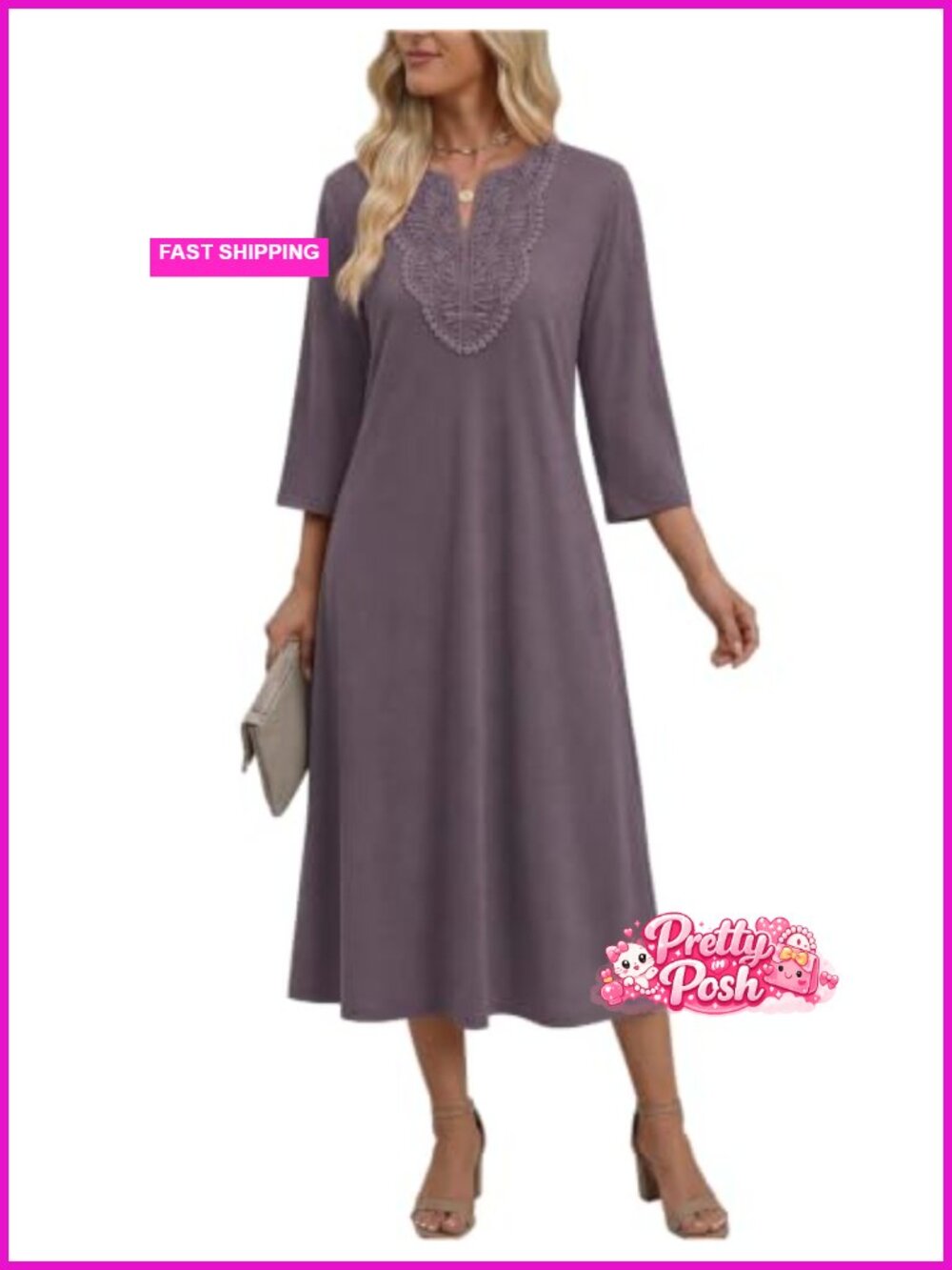 3/4 Sleeve Midi Dress V Neck Lace Casual Sundress